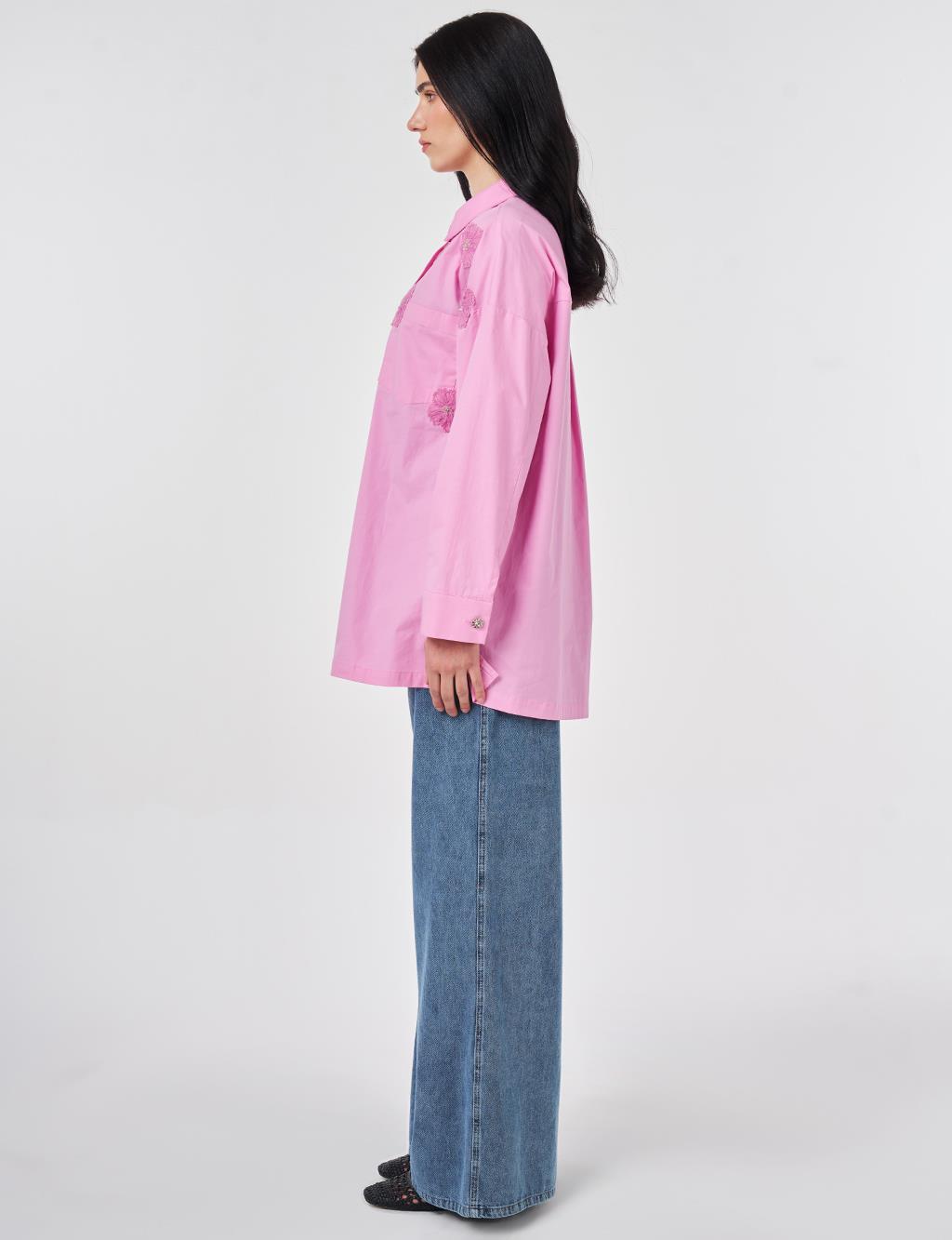 Applique Detailed Cotton Tunic Candy Pink