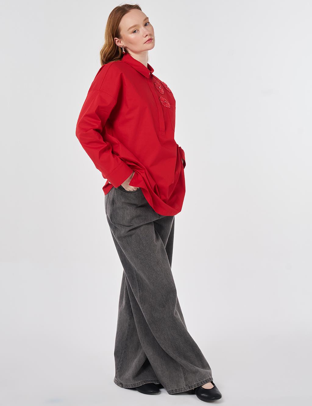 Applique Detailed Cotton Tunic Red