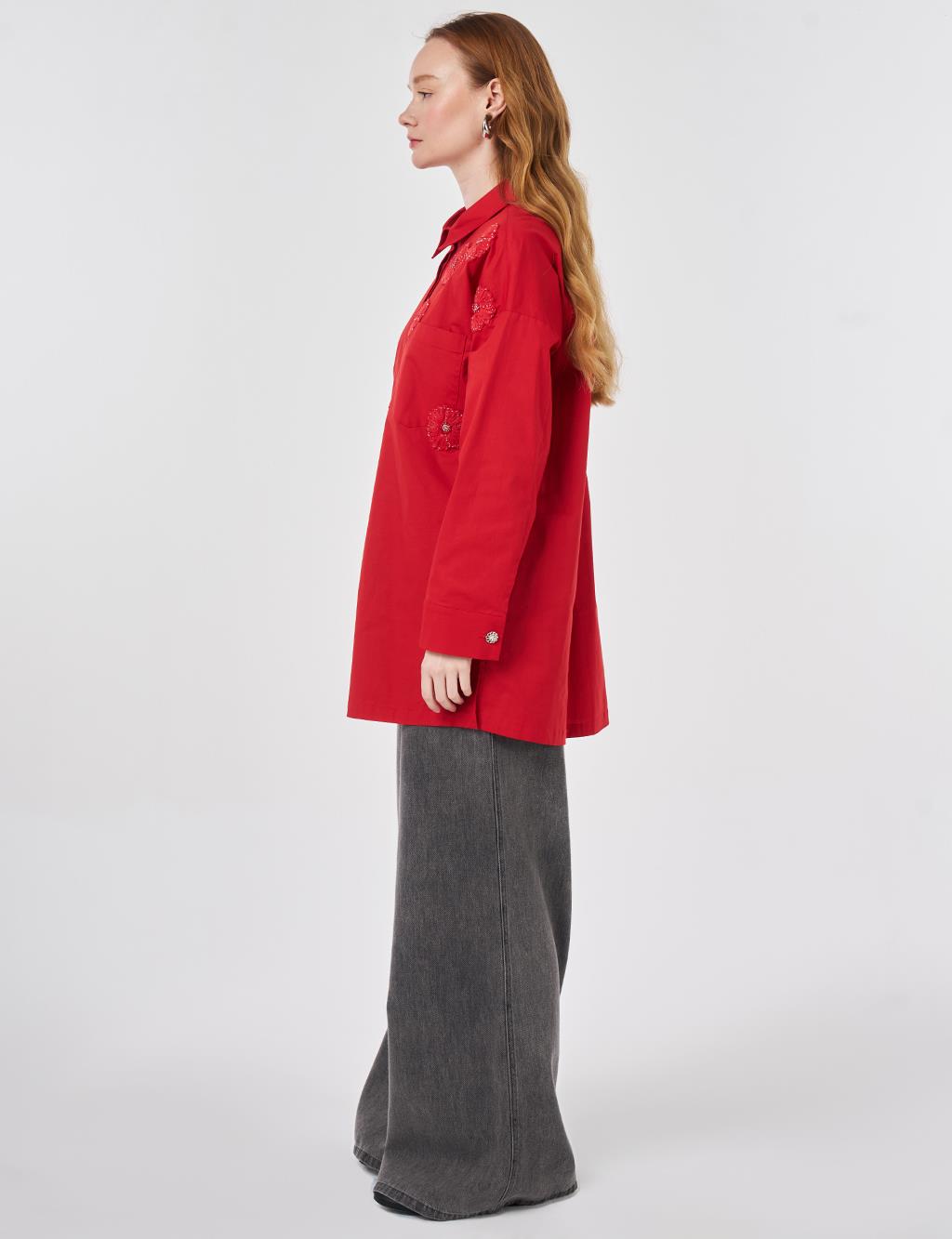 Applique Detailed Cotton Tunic Red