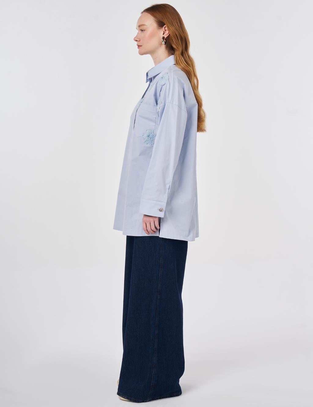 Aplike Detaylı Pamuklu Tunik Mavi