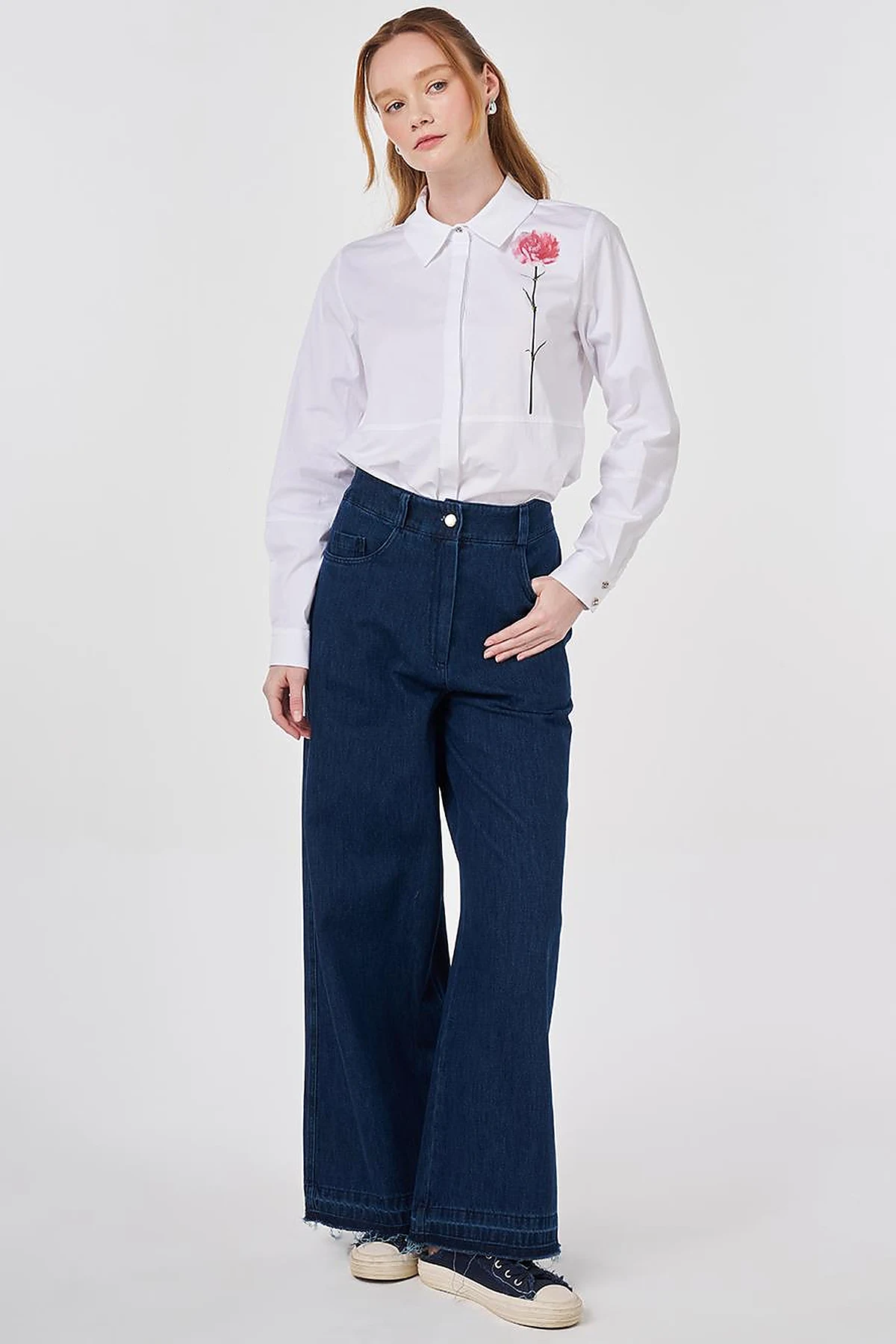 Washed Elastic-Waist Denim Trousers Navy 