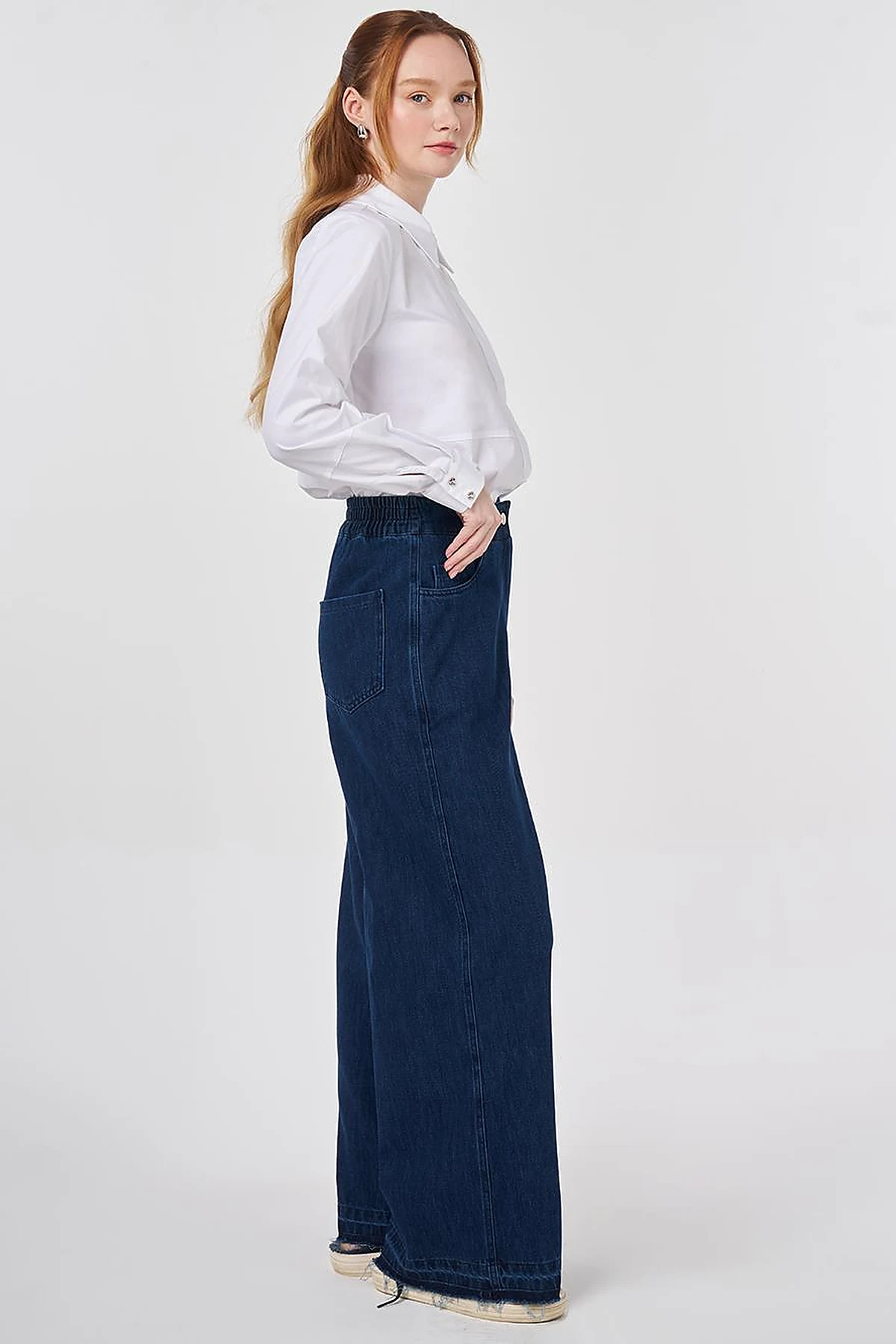 Washed Elastic-Waist Denim Trousers Navy 