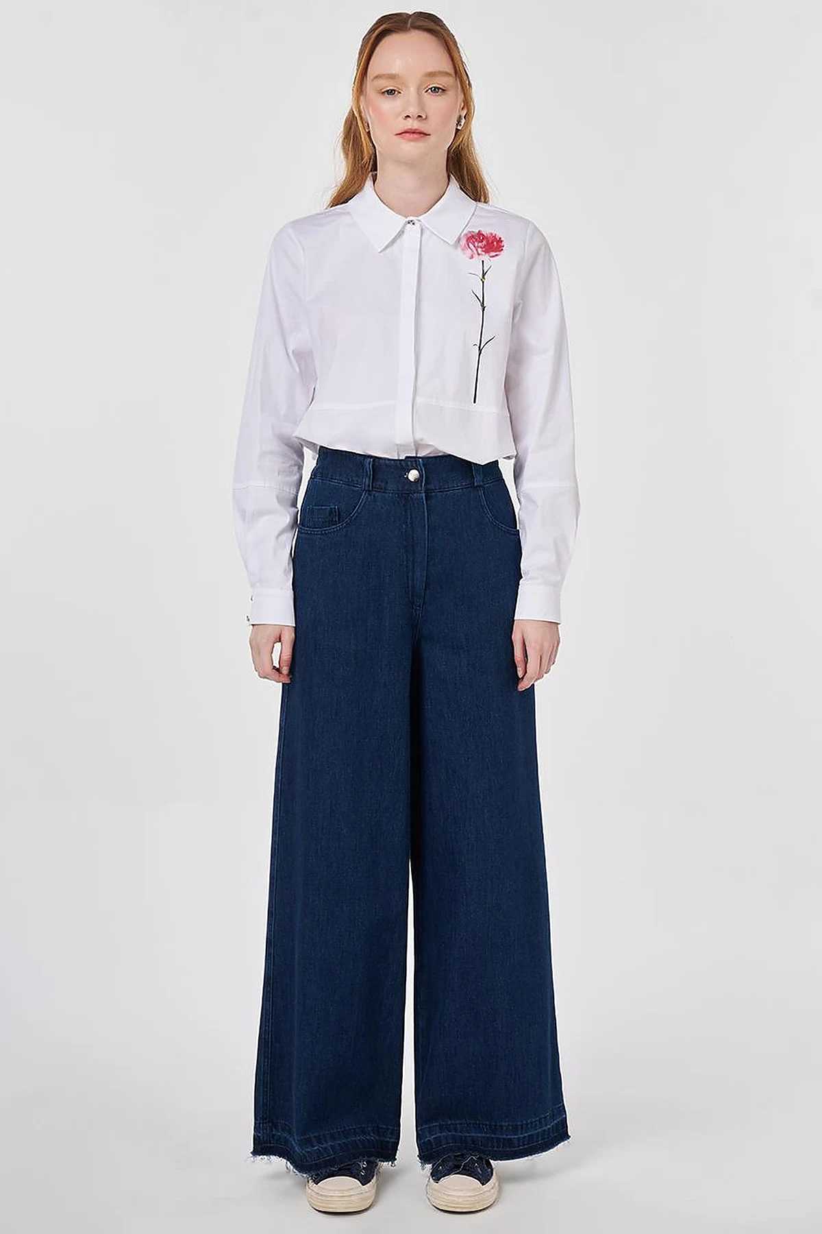 Washed Elastic-Waist Denim Trousers Navy 