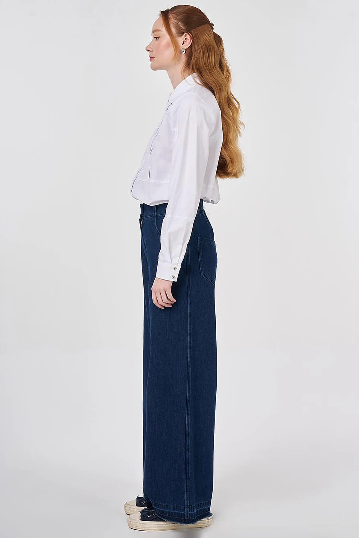 Washed Elastic-Waist Denim Trousers Navy 