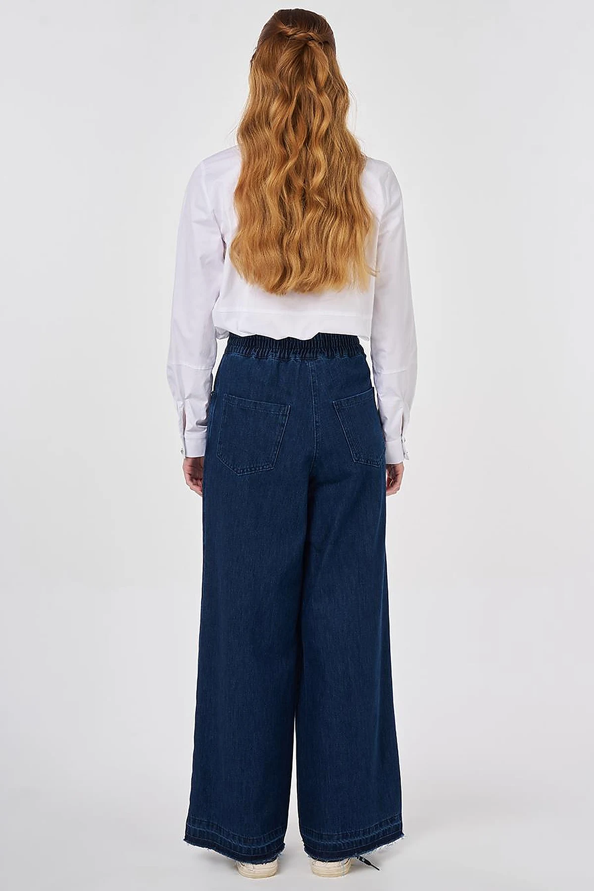 Washed Elastic-Waist Denim Trousers Navy 
