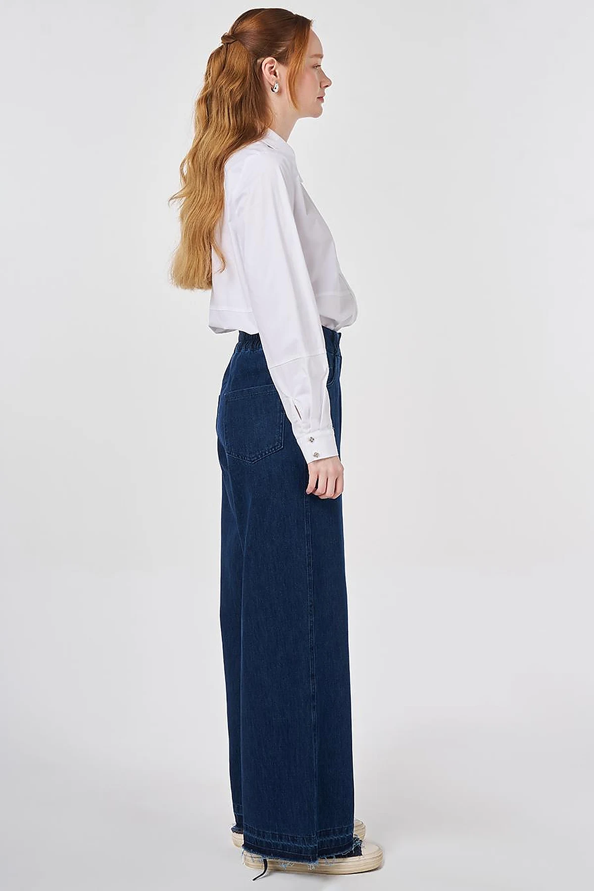 Washed Elastic-Waist Denim Trousers Navy 