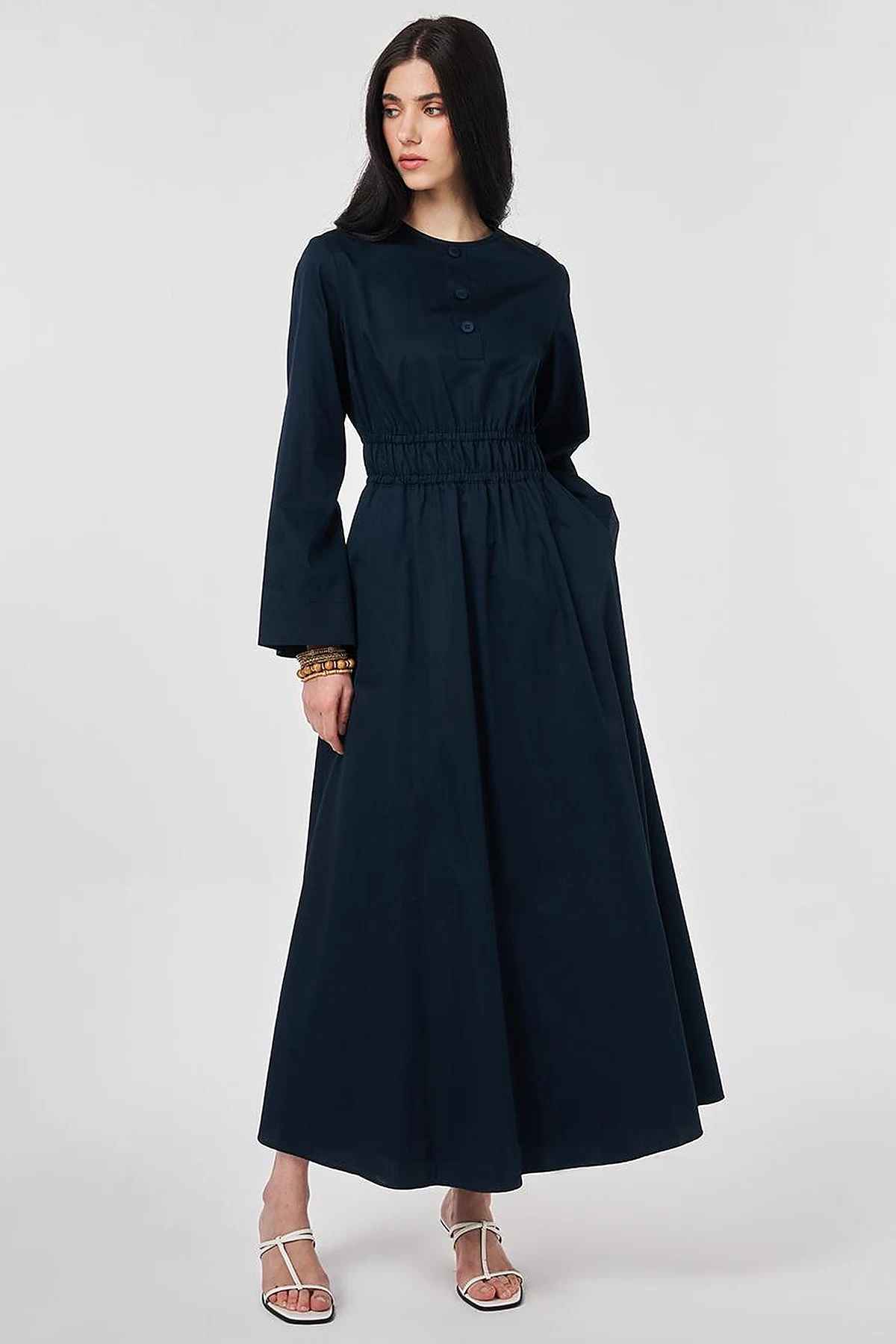 100% Cotton Maxi Dress with Waist Detail Dark Navy