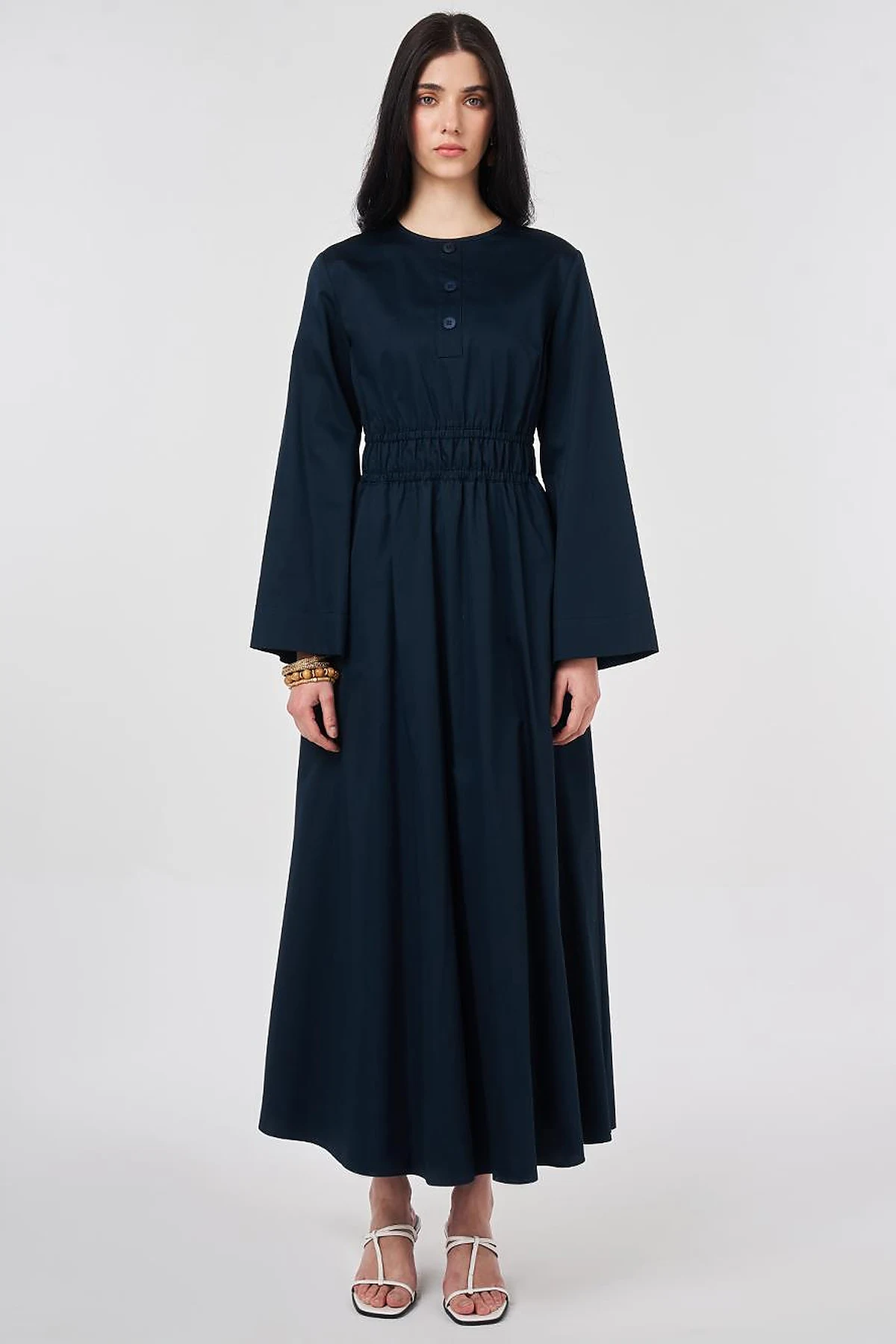 100% Cotton Maxi Dress with Waist Detail Dark Navy
