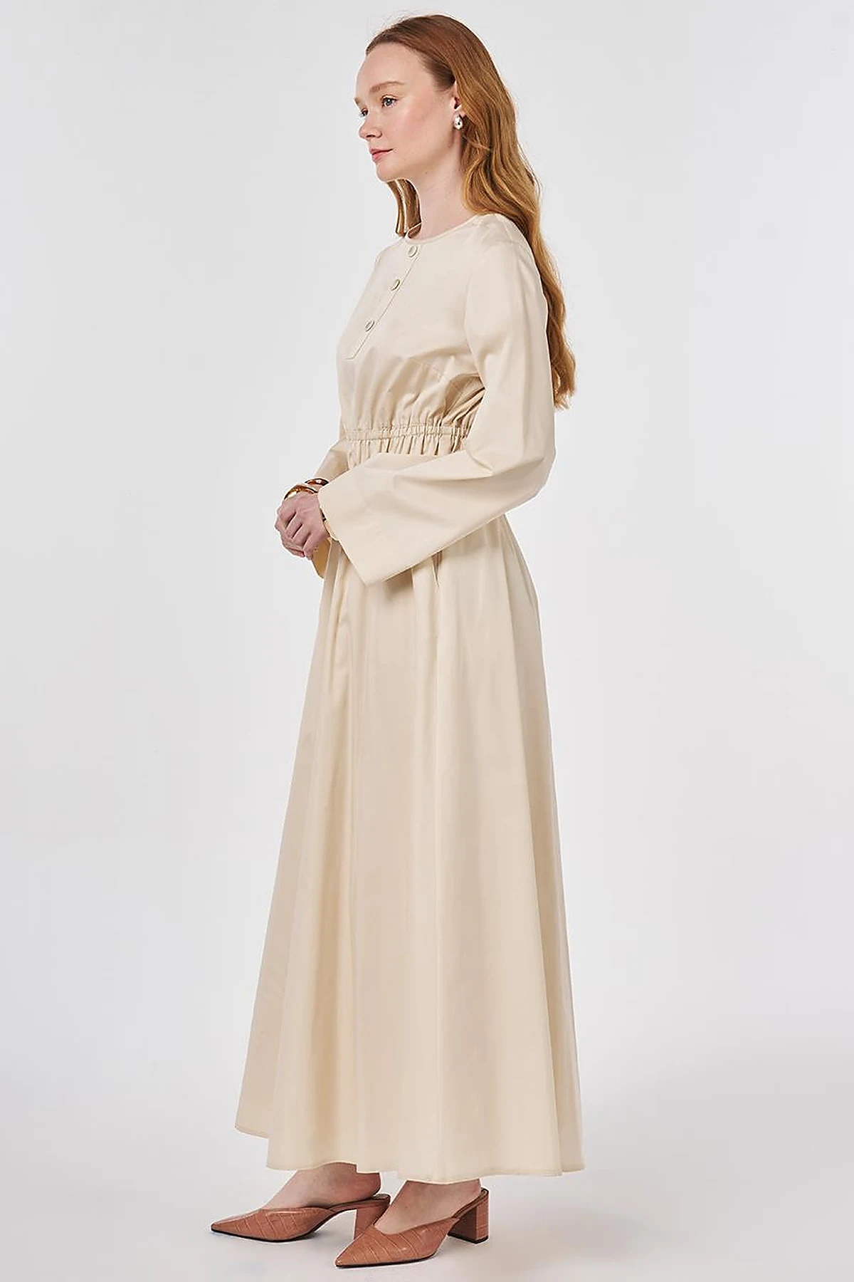 100% Cotton Maxi Dress with Waist Detail Cream