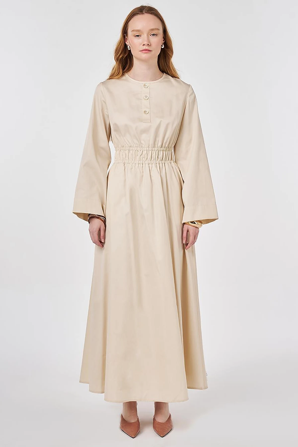 100% Cotton Maxi Dress with Waist Detail Cream