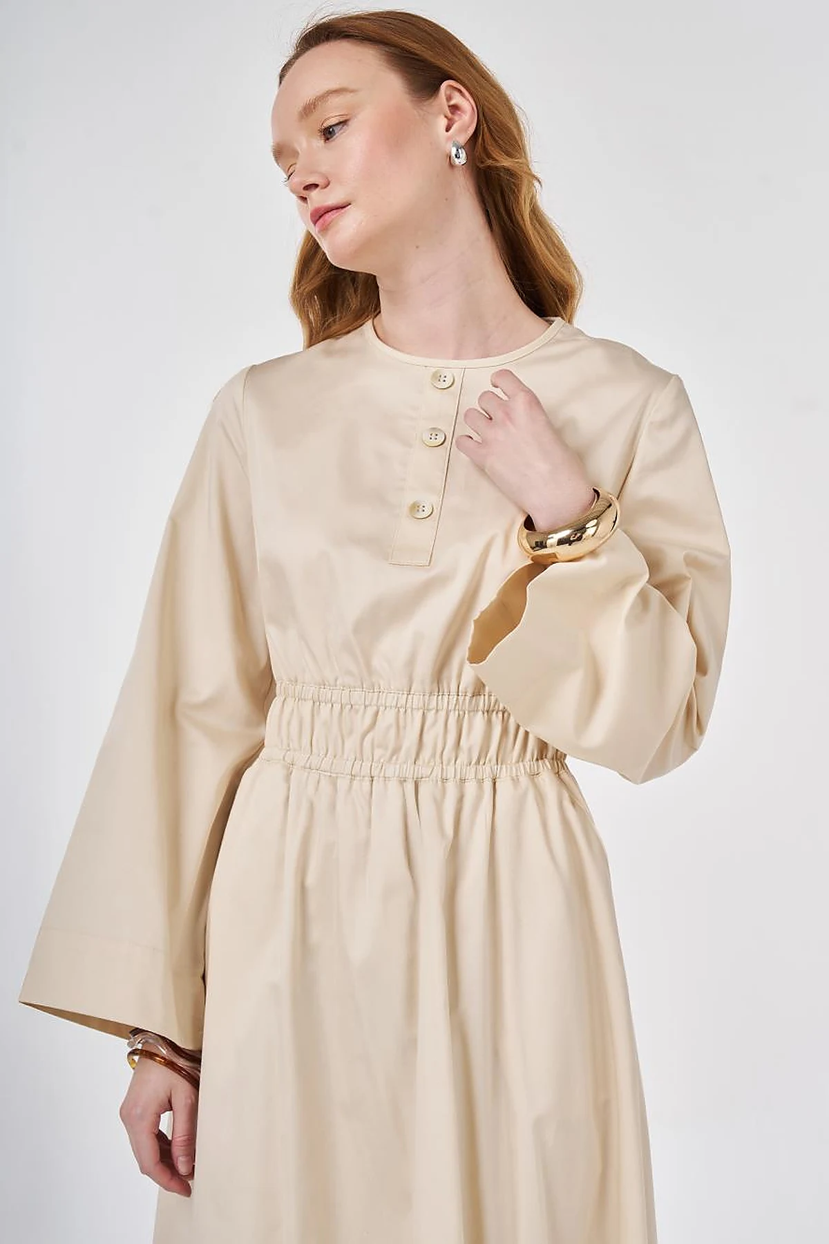 100% Cotton Maxi Dress with Waist Detail Cream