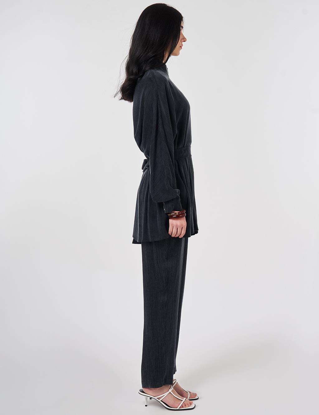 Kuşaklı Lyocell Viskon İkili Takım Siyah