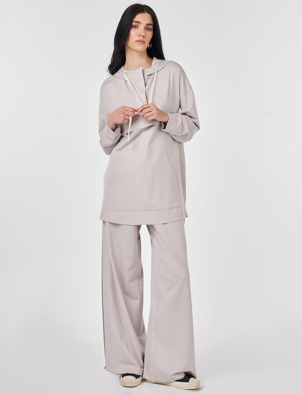 Two-Piece Set with Kangaroo Pocket Detail Light Gray