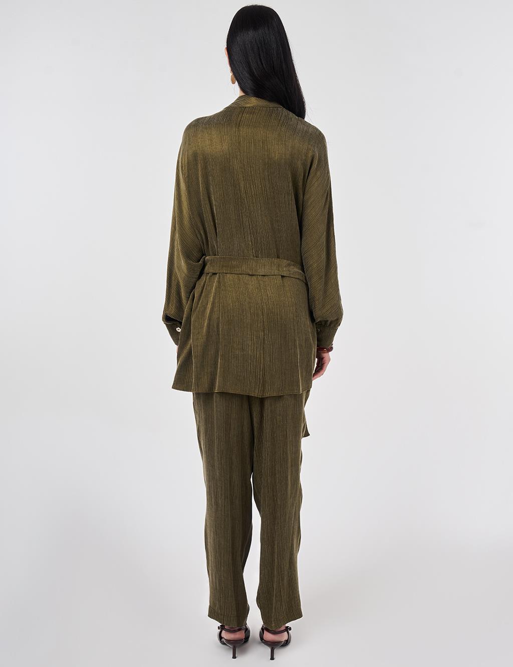 Kuşaklı Lyocell Viskon İkili Takım Koyu Haki
