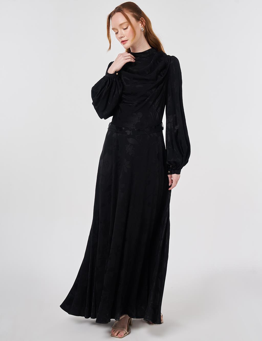 Leaf Pattern Jacquard Dress in Black