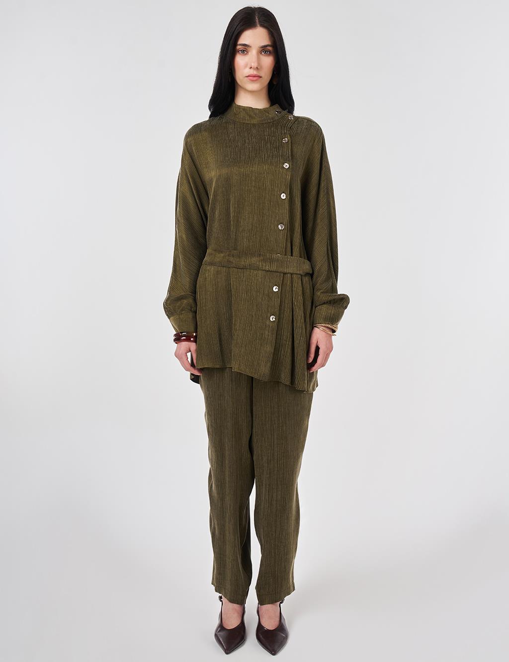 Kuşaklı Lyocell Viskon İkili Takım Koyu Haki