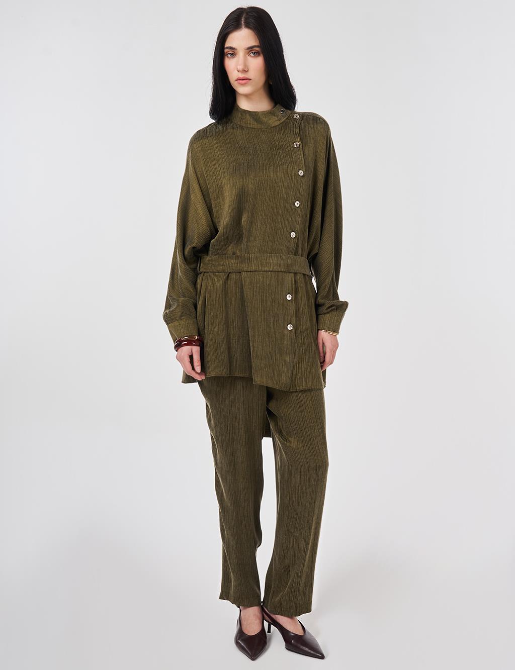 Kuşaklı Lyocell Viskon İkili Takım Koyu Haki