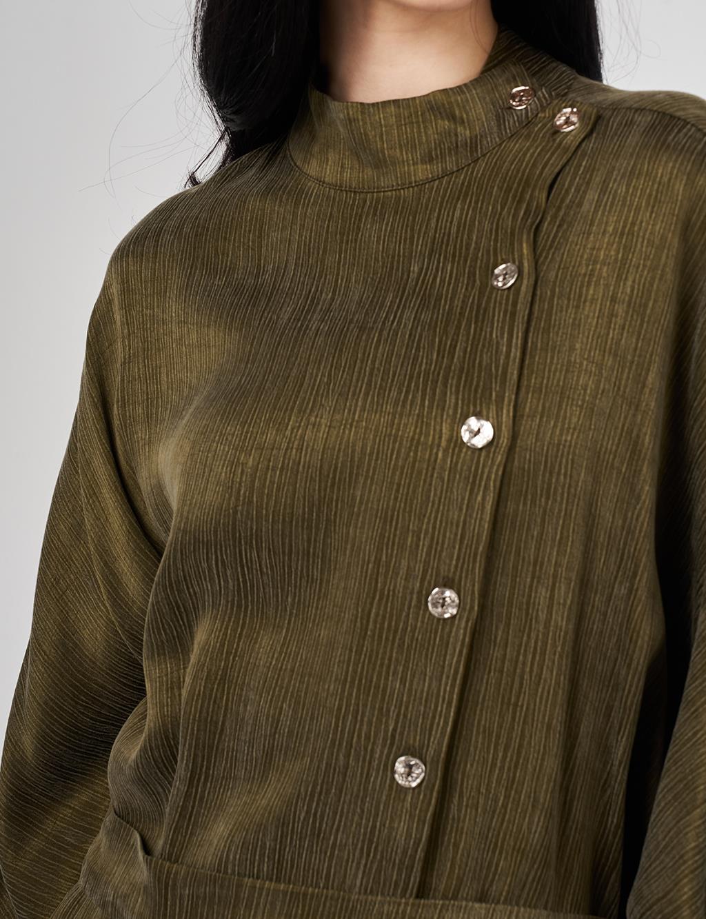 Kuşaklı Lyocell Viskon İkili Takım Koyu Haki