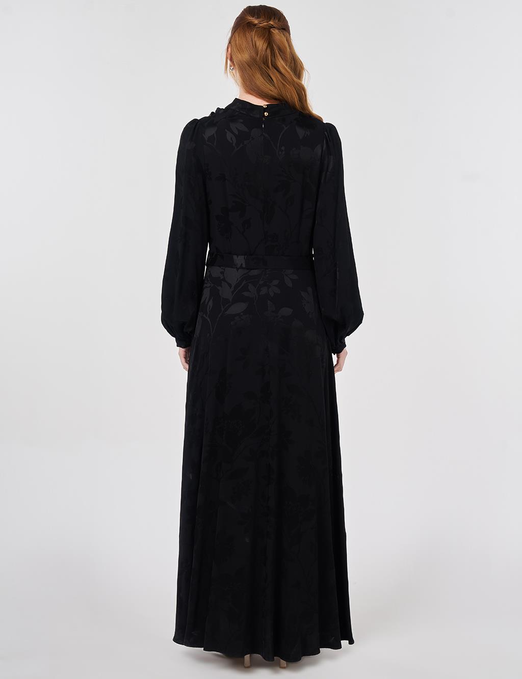 Leaf Pattern Jacquard Dress in Black