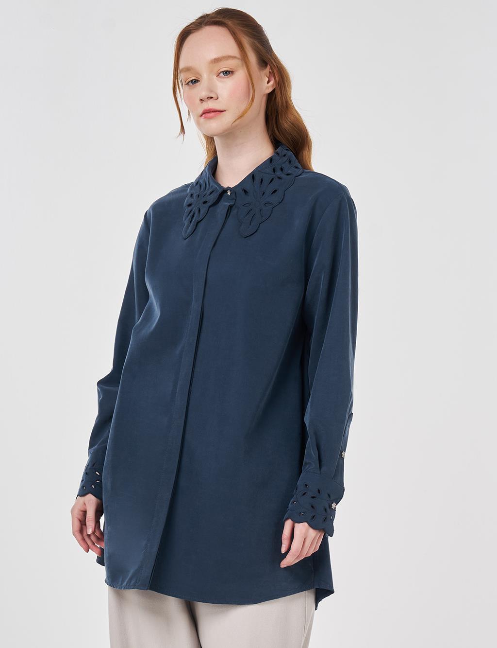 Modal Tunic with Collar and Cuff Details in Dark Navy