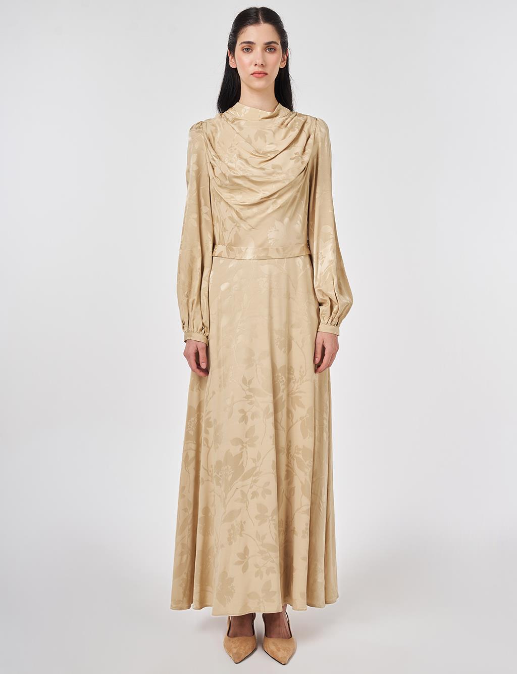 Leaf Pattern Jacquard Dress in Light Yellow