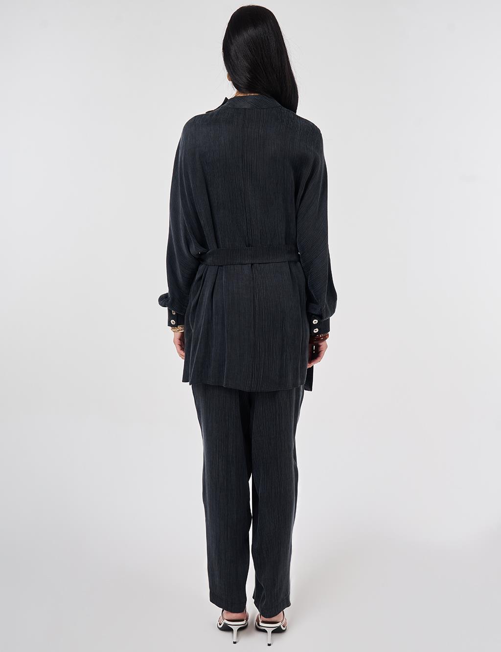 Kuşaklı Lyocell Viskon İkili Takım Siyah