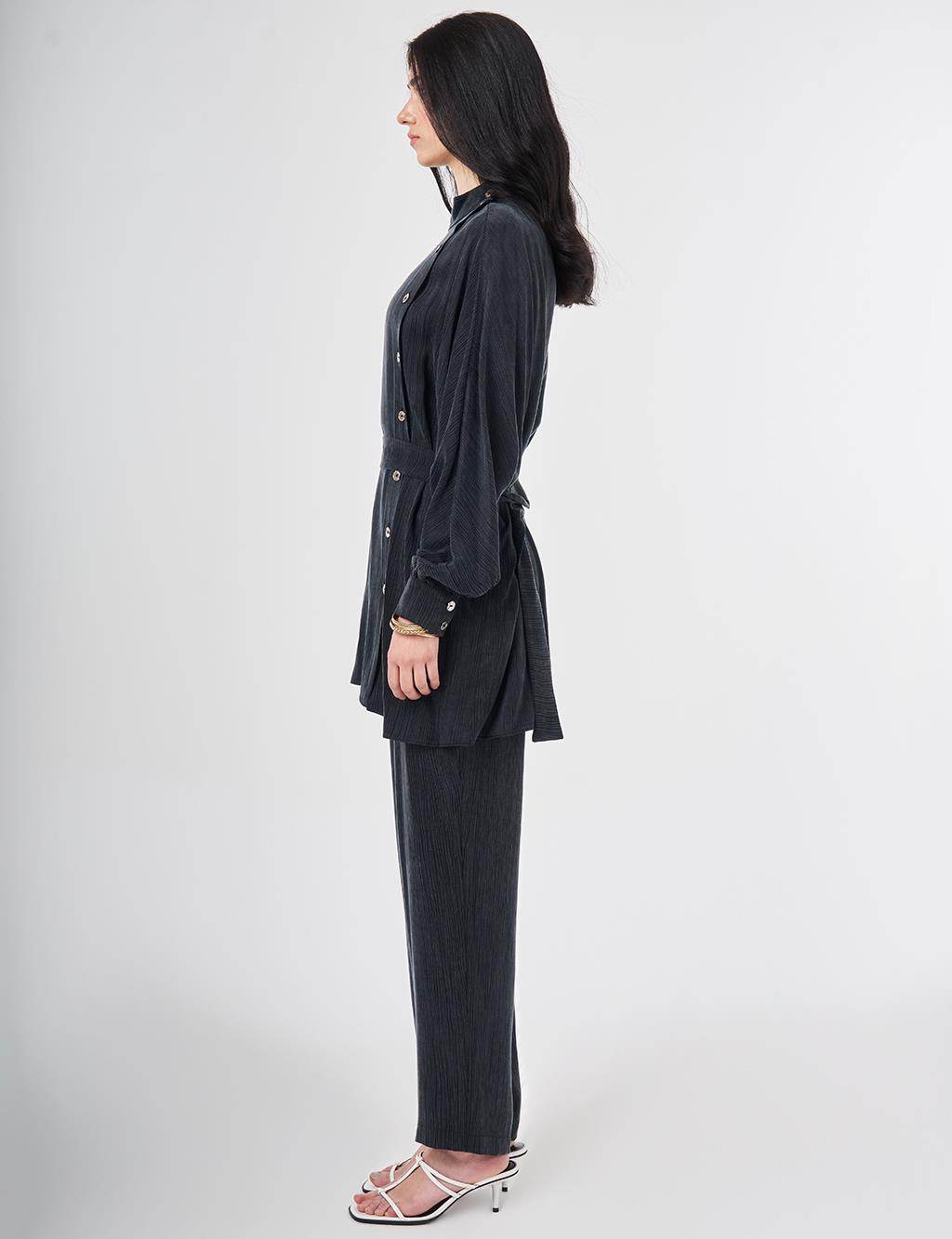 Kuşaklı Lyocell Viskon İkili Takım Siyah