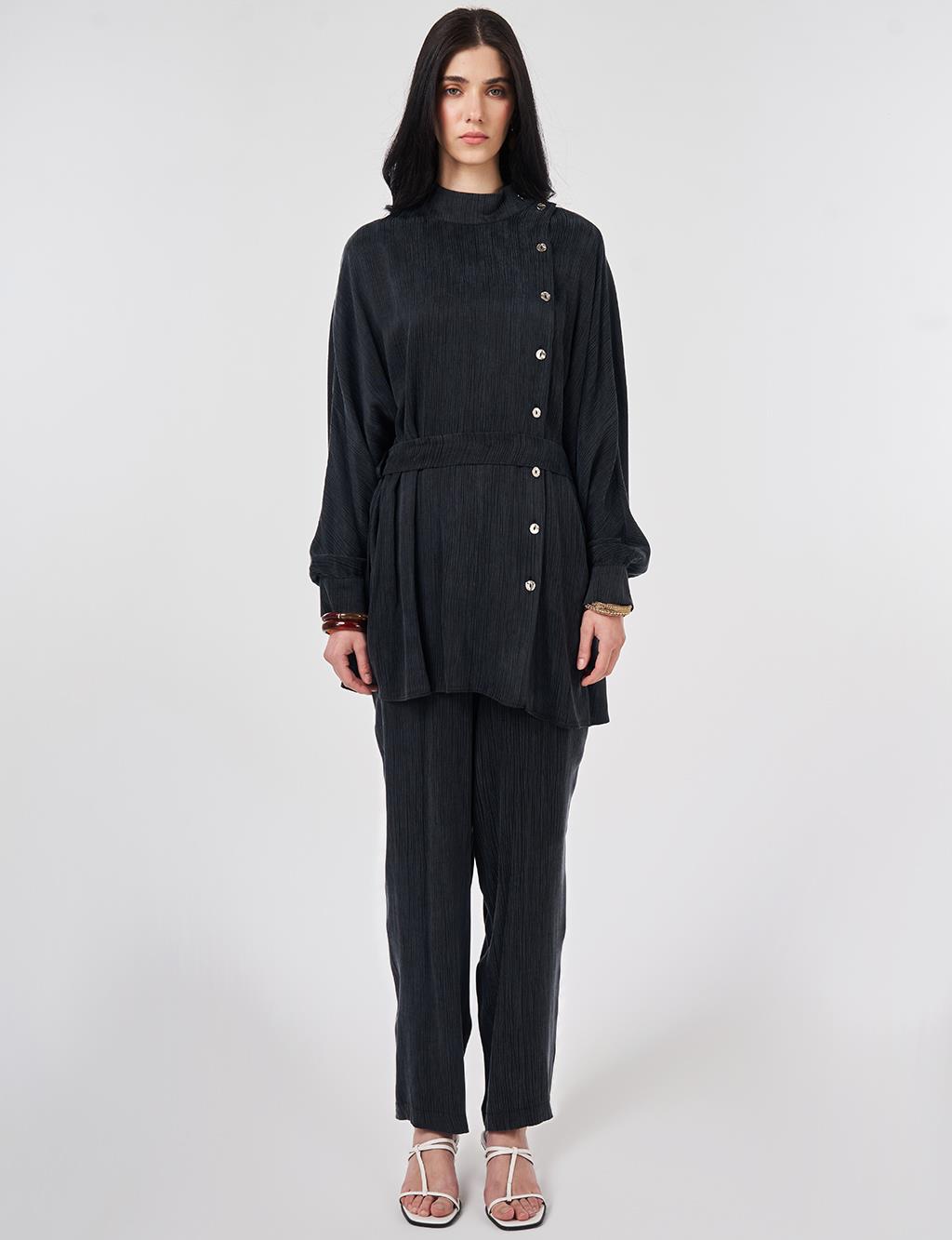 Kuşaklı Lyocell Viskon İkili Takım Siyah