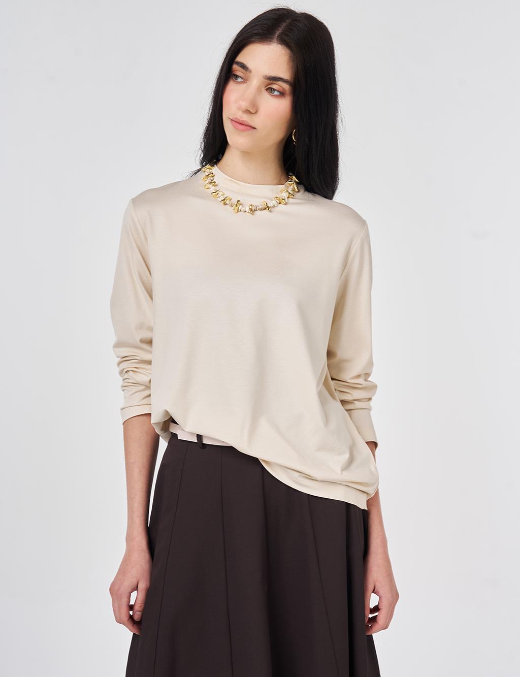 Stand-Up Collar Viscose Blouse Cream