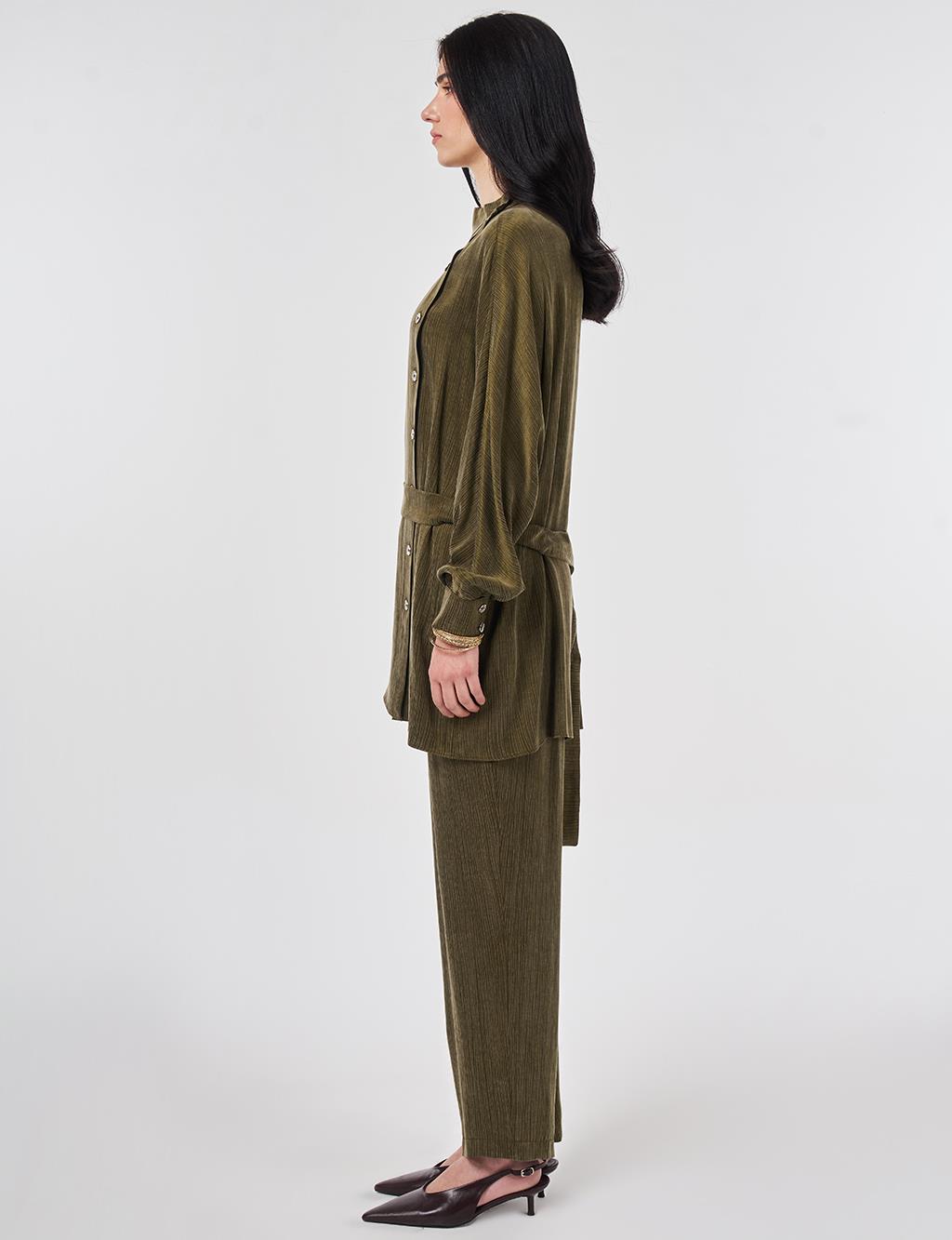 Kuşaklı Lyocell Viskon İkili Takım Koyu Haki