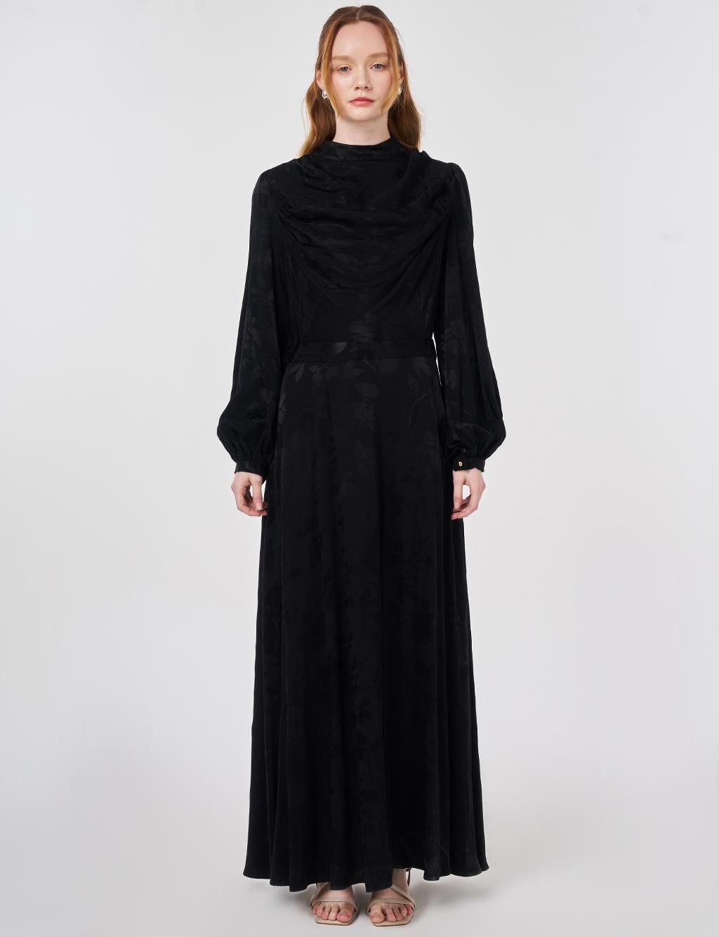 Leaf Pattern Jacquard Dress in Black