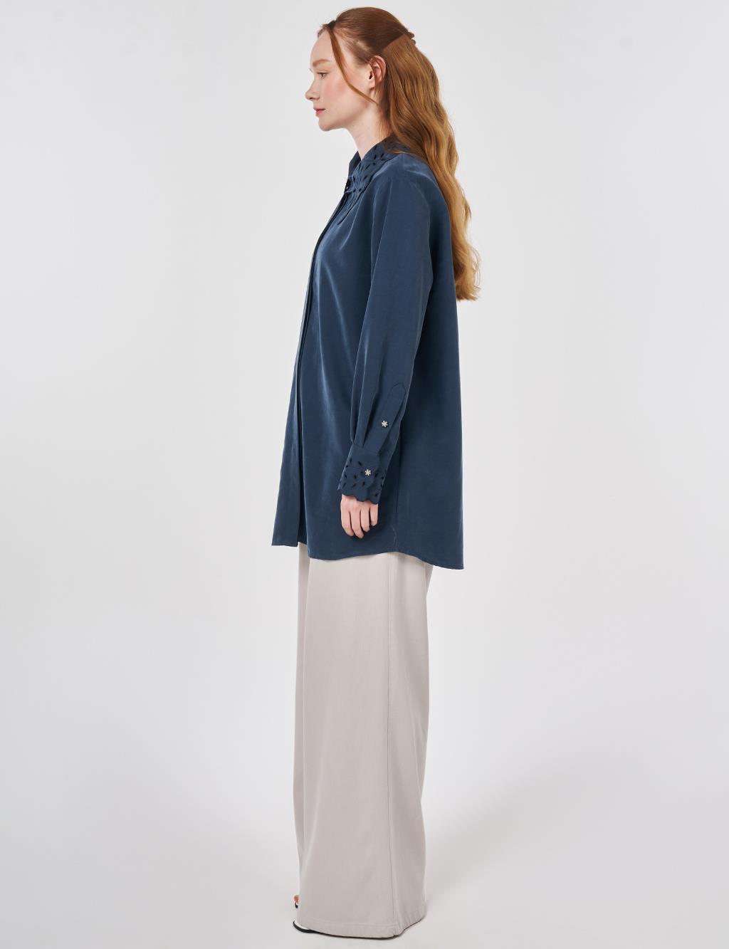 Modal Tunic with Collar and Cuff Details in Dark Navy