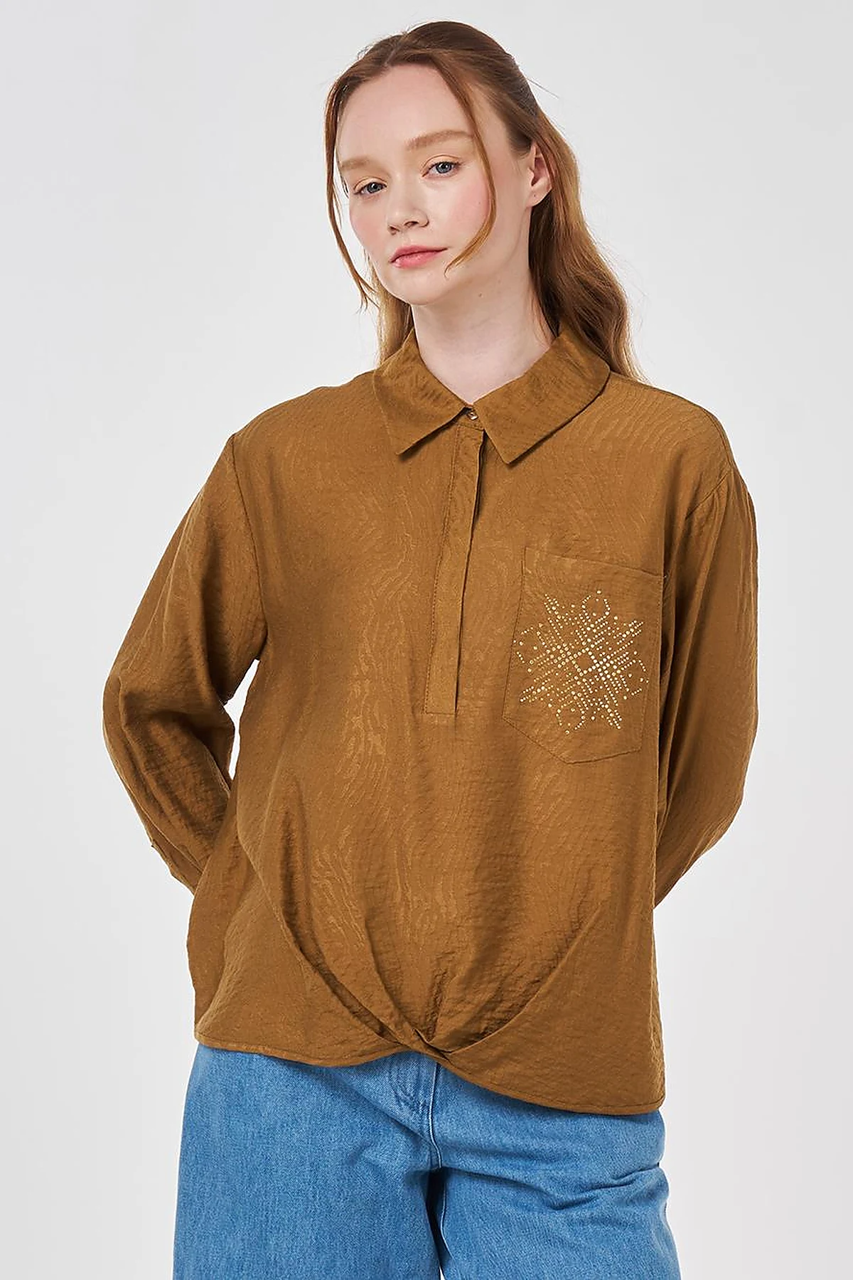 Hotfix Printed Viscose-Cotton Blouse Dark Olive 