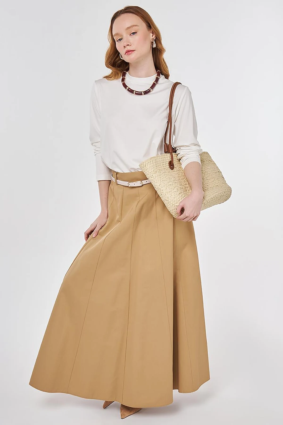 High-Waisted Skirt with Belt Detail Beige