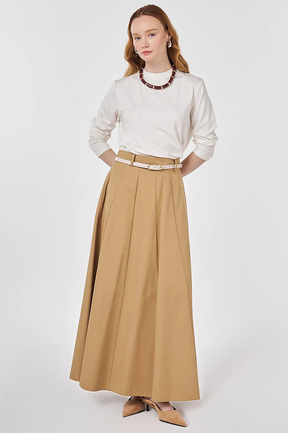 High-Waisted Skirt with Belt Detail Beige