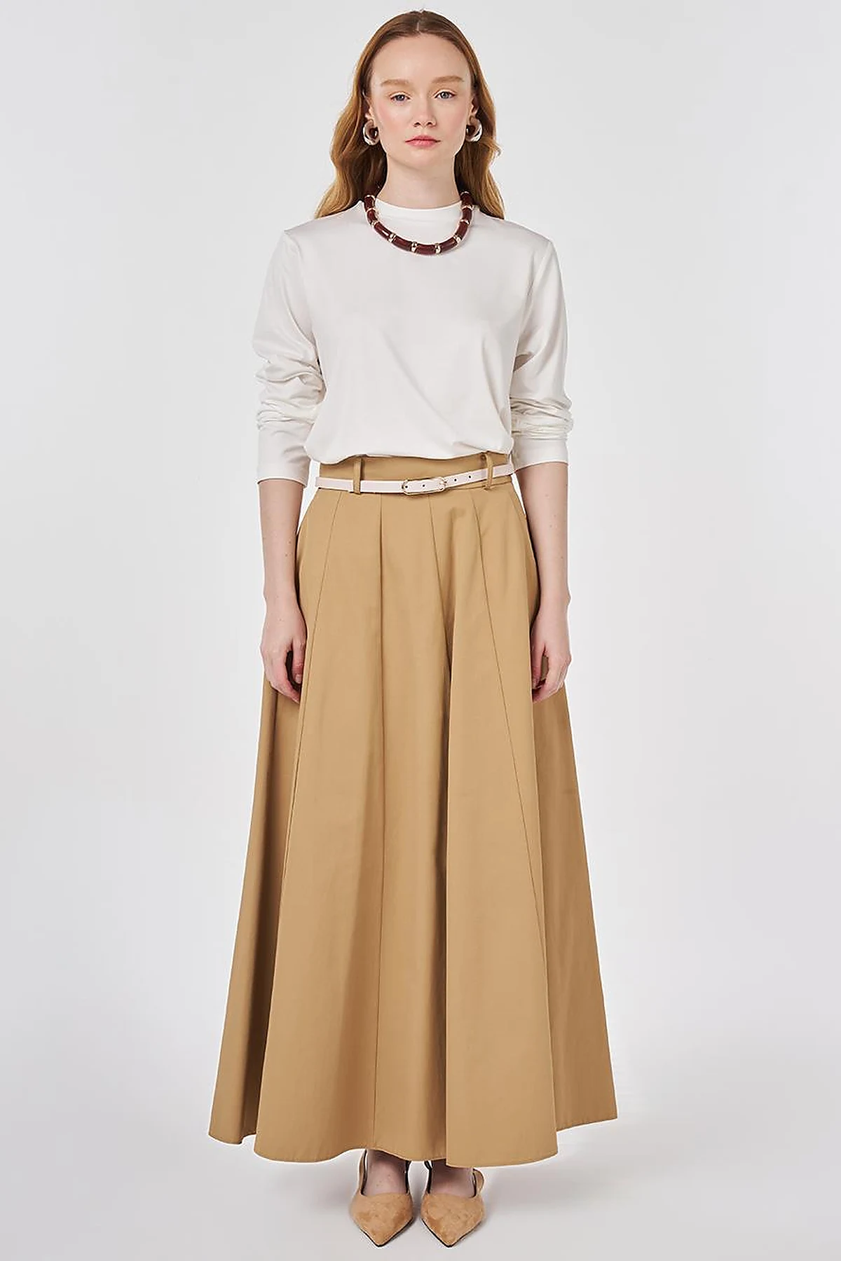 High-Waisted Skirt with Belt Detail Beige