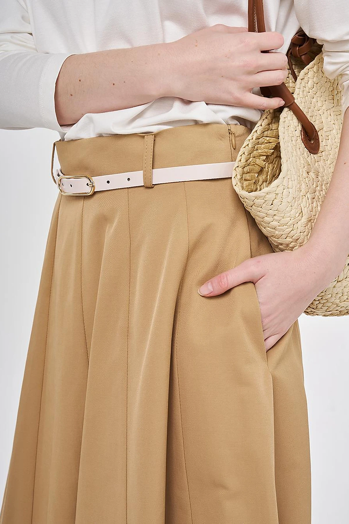 High-Waisted Skirt with Belt Detail Beige