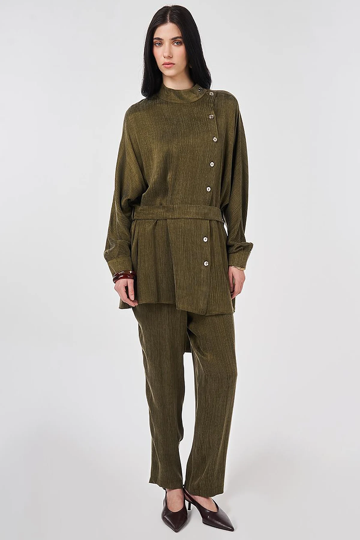 Lyocell Viscose Two-Piece Set with Belt in Dark Khaki
