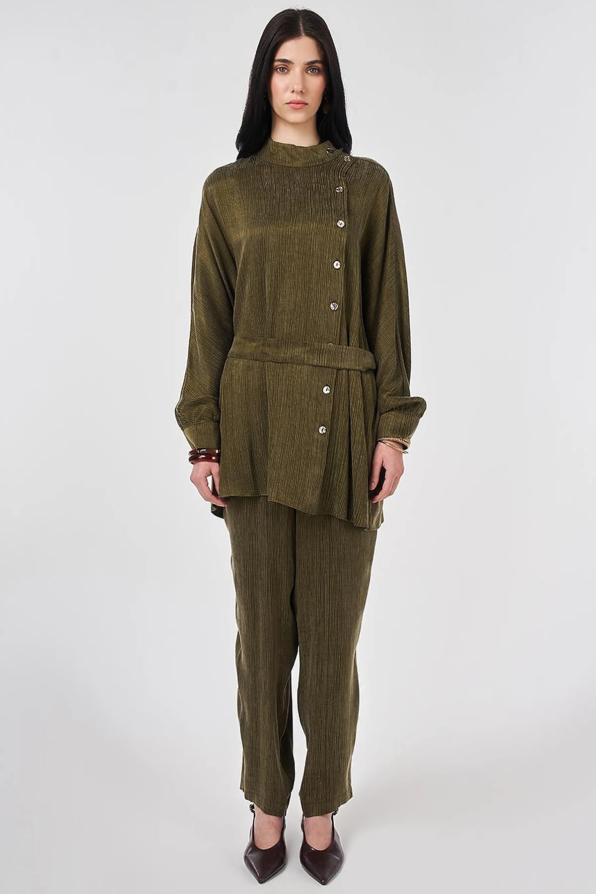 Lyocell Viscose Two-Piece Set with Belt in Dark Khaki