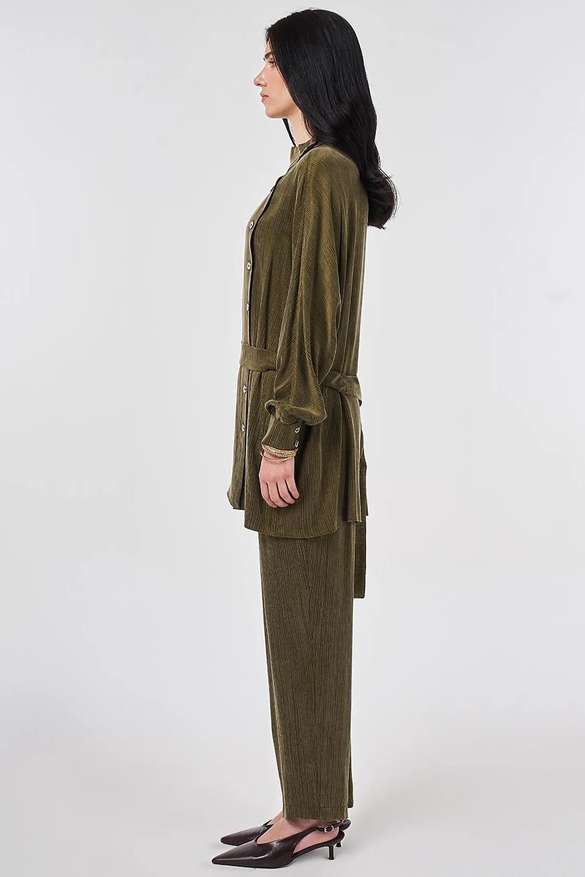 Lyocell Viscose Two-Piece Set with Belt in Dark Khaki