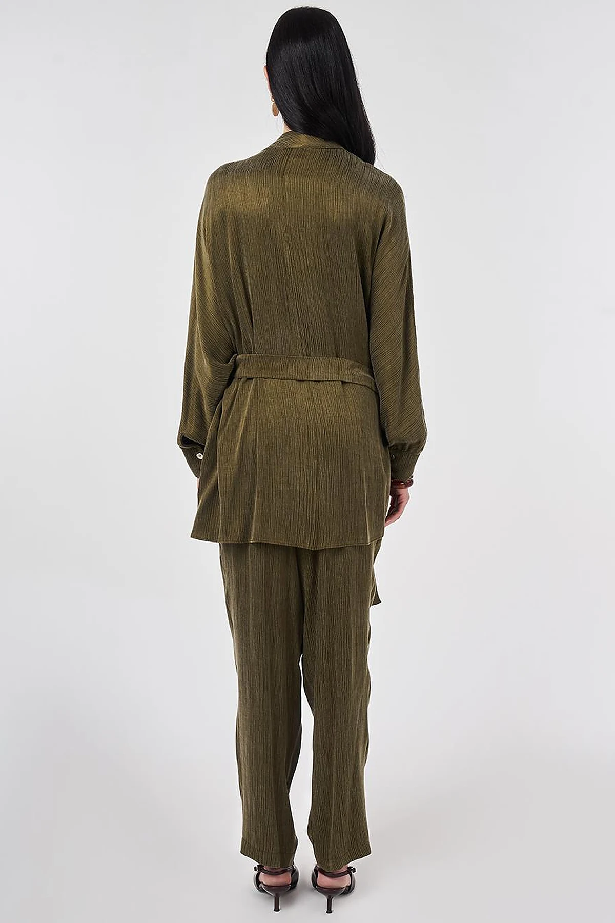 Lyocell Viscose Two-Piece Set with Belt in Dark Khaki