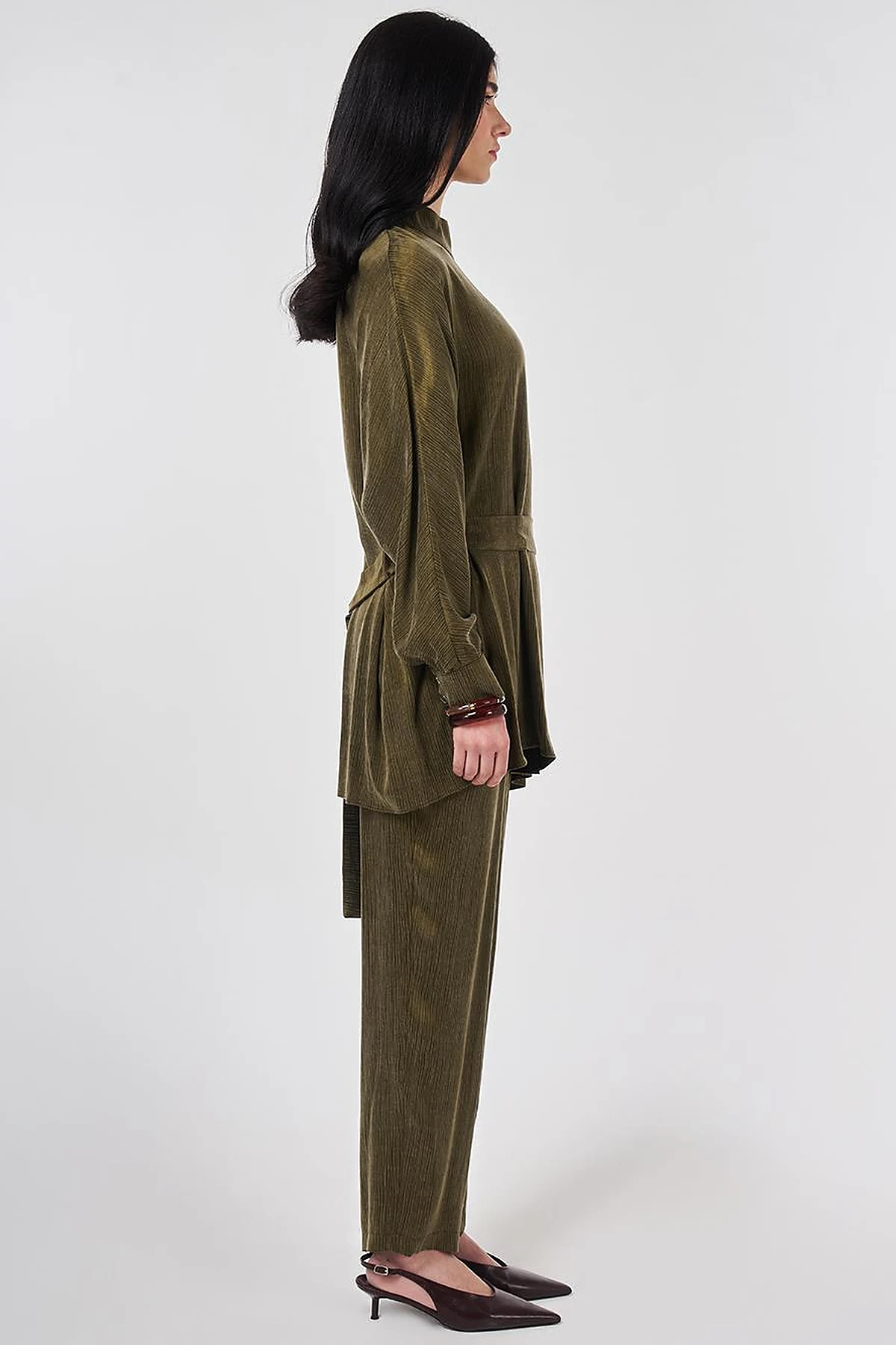 Lyocell Viscose Two-Piece Set with Belt in Dark Khaki