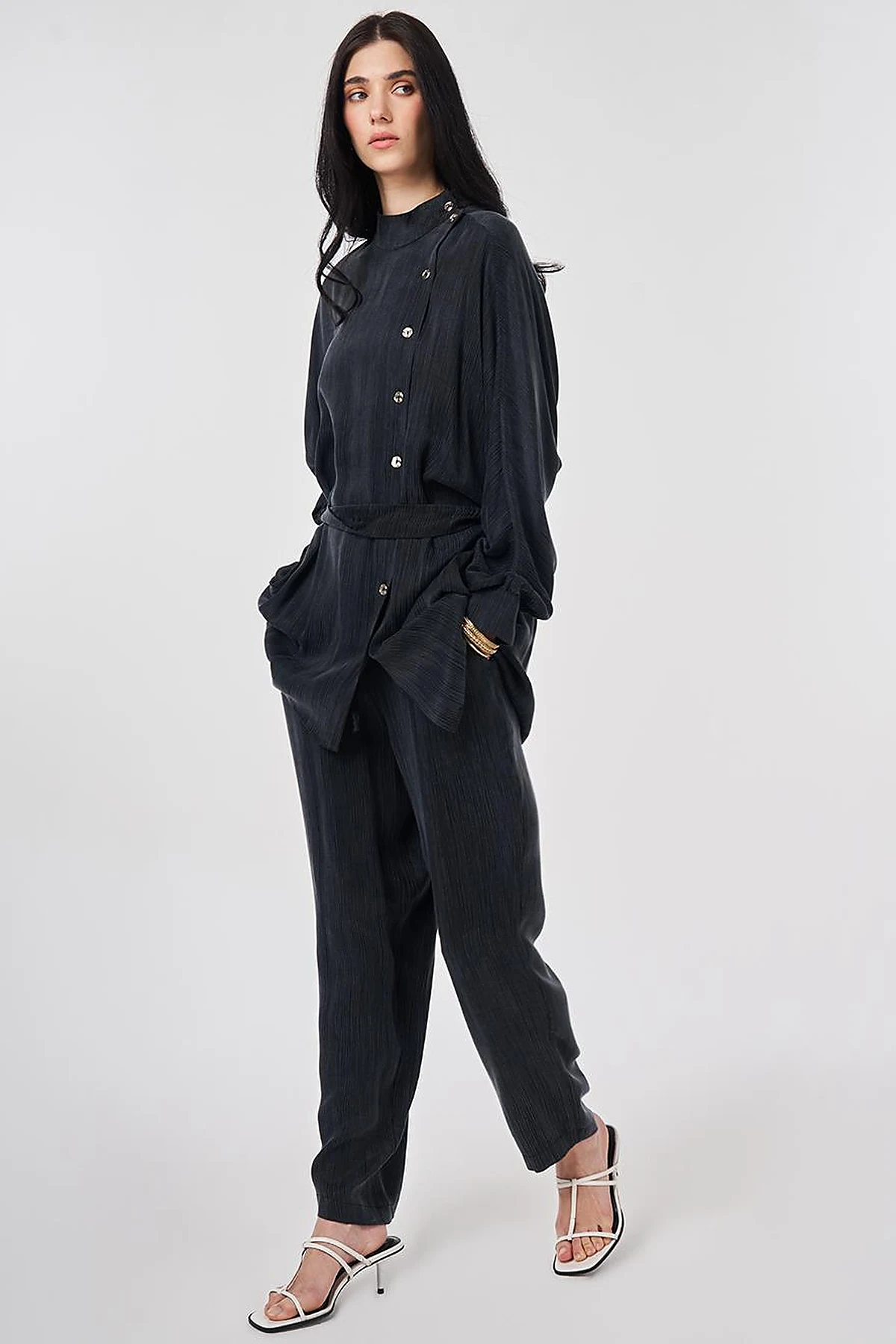 Lyocell Viscose Two-Piece Set with Belt in Black
