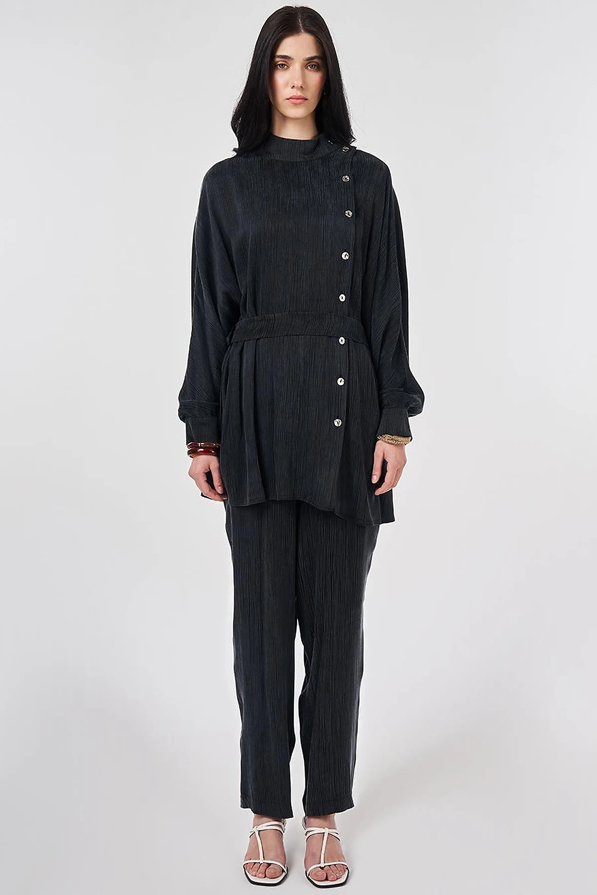 Lyocell Viscose Two-Piece Set with Belt in Black
