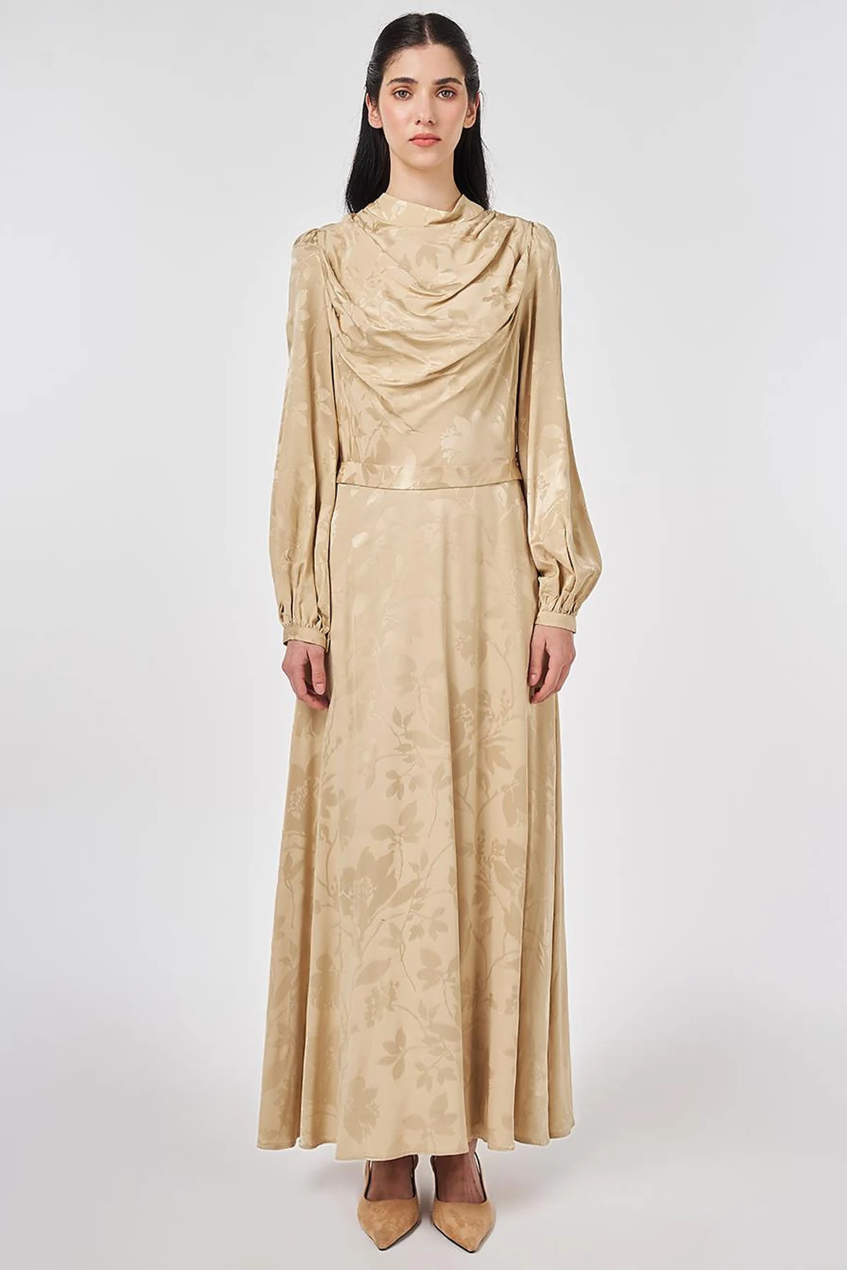 Leaf Pattern Jacquard Dress in Light Yellow