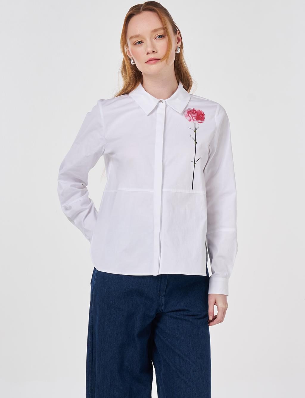 Floral Print Detail Cotton Blouse Optical White 