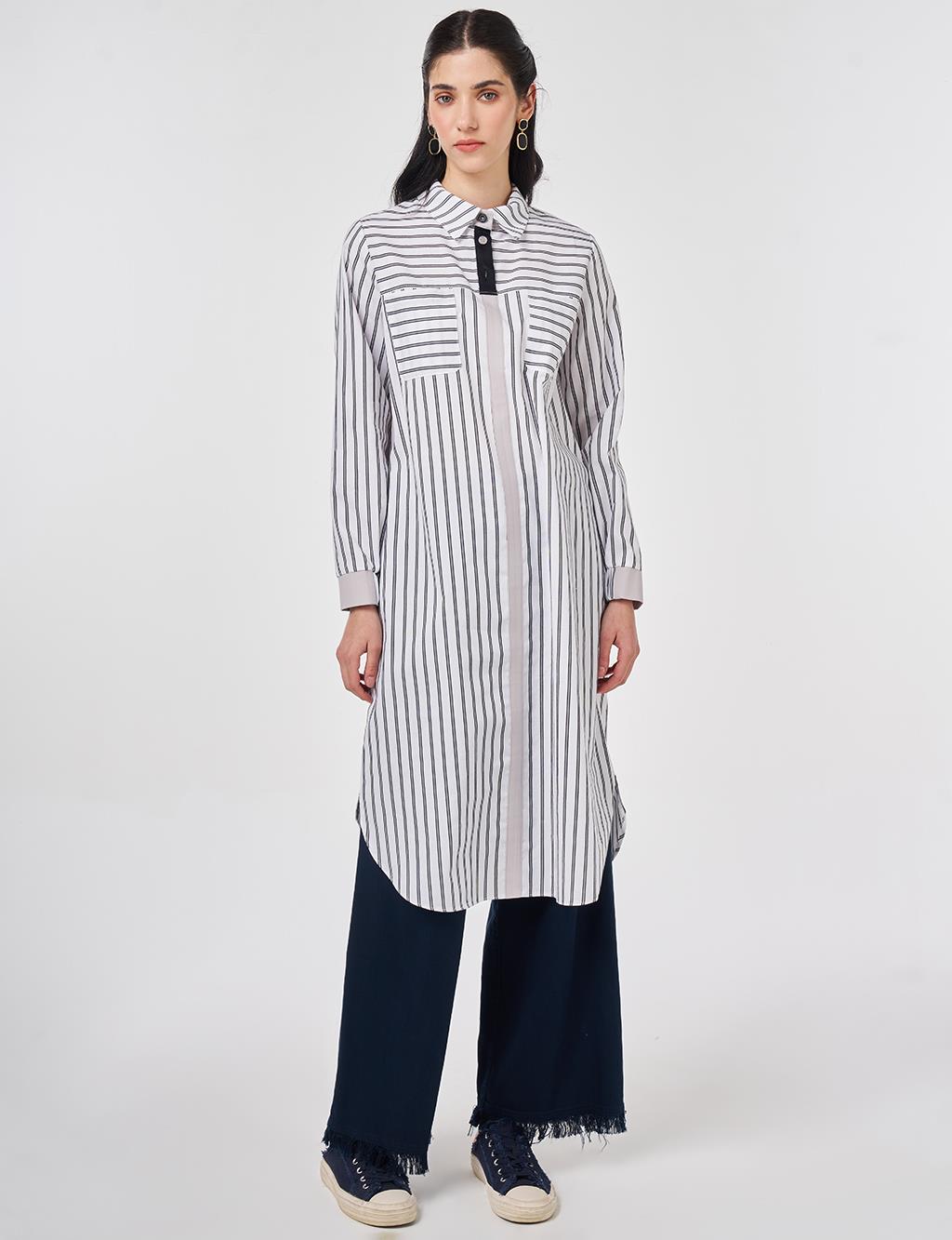 Çizgi Desen Pamuklu Uzun Tunik Siyah