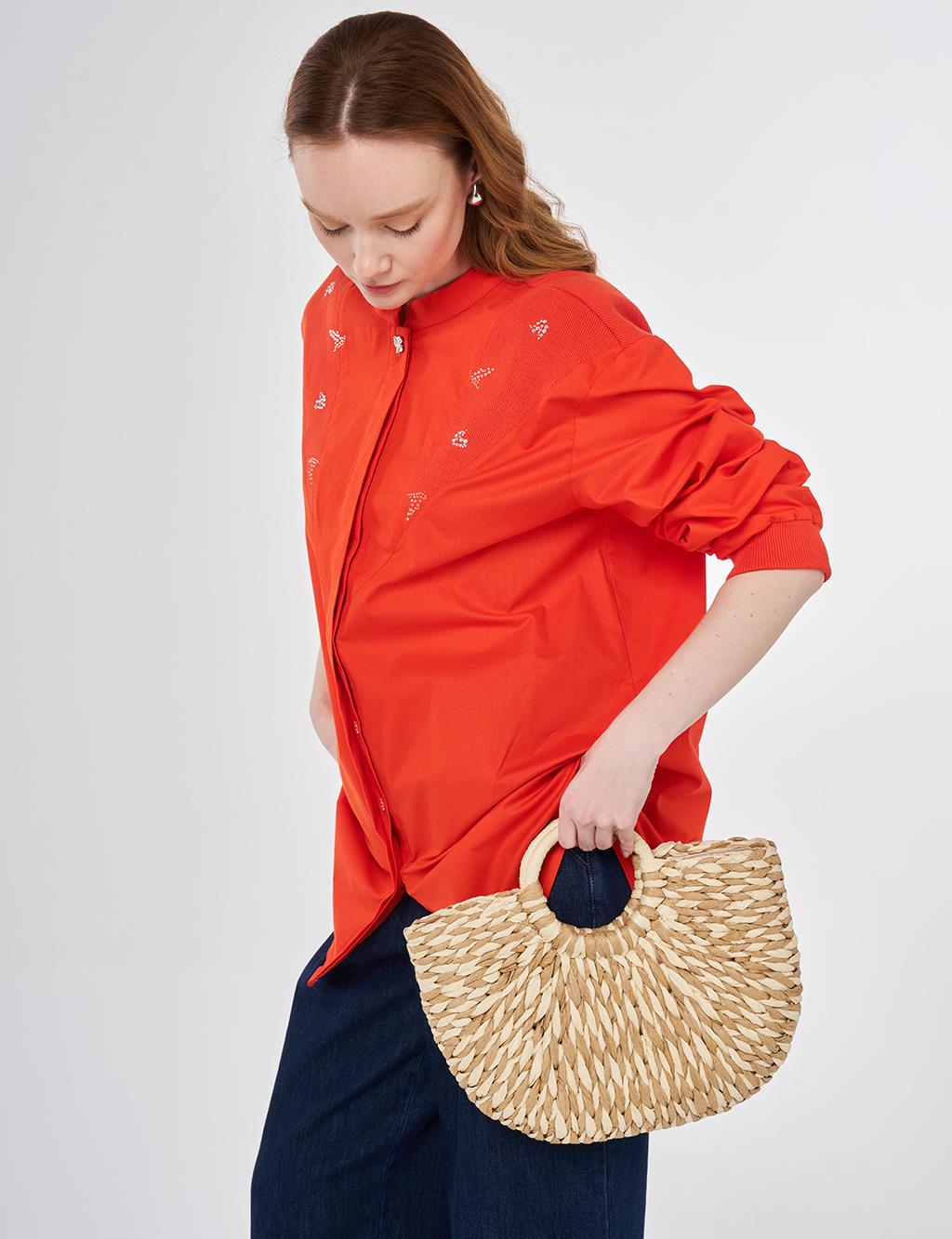 Patch Stitched Cotton Blouse, Coral