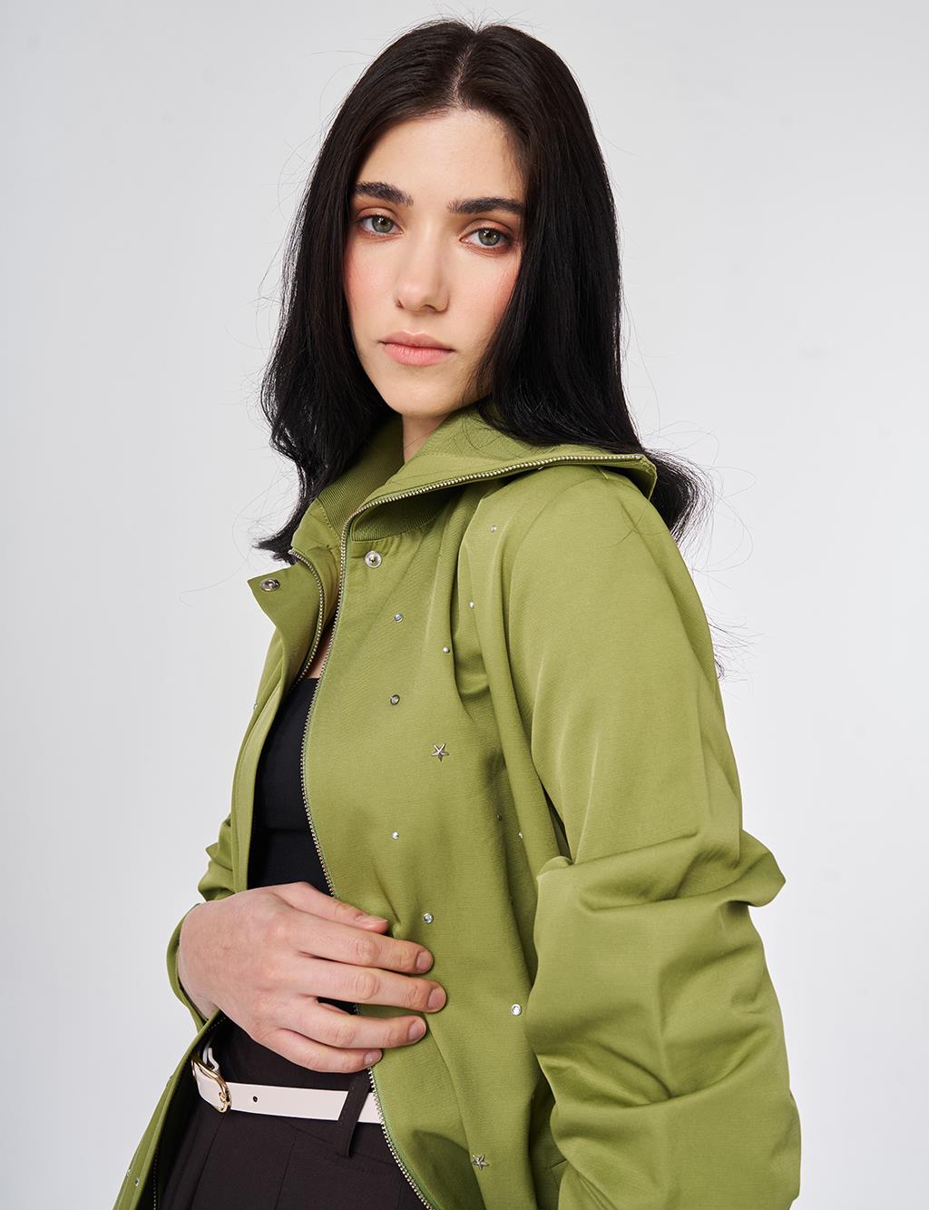 Wide Neck Hotfix Print Jacket Matcha Green