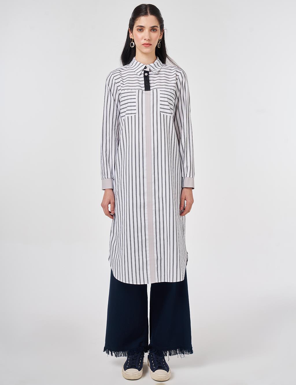 Çizgi Desen Pamuklu Uzun Tunik Siyah